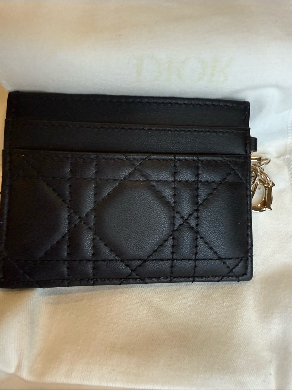 Dior Black Quilted Card & Key Holder with Silver Charm